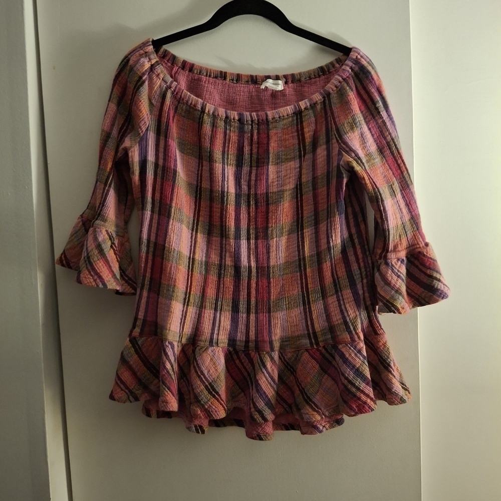 beachlunchlounge Women's Multicolor Plaid Ruffle Blouse